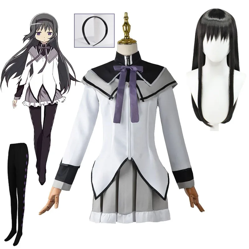 Puella Magi Madoka Magica Akemi Homura Cosplay Costume Anime Woman's Wig Headband Halloween Coser Combat Uniform Skirts