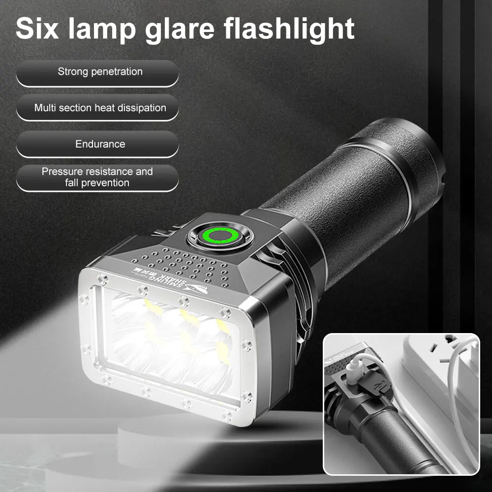 

6 LED Flashlight Rechargeable Mini Torch Bulit in Battery High Brightness Power Display Outdoor Camping Lighting for Emergency