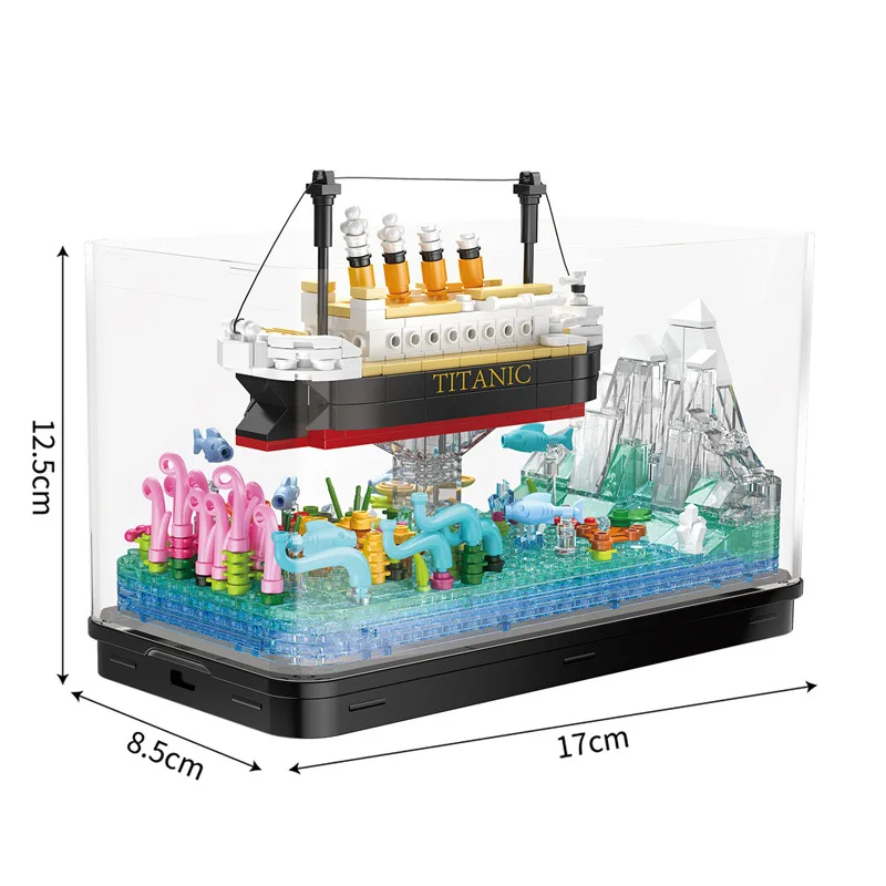 Loz Fishbowl Ocean View Boat Mini Diamond Building Block Creative Titanic Ship Fish Tank Model Brick Toy Collection With Light