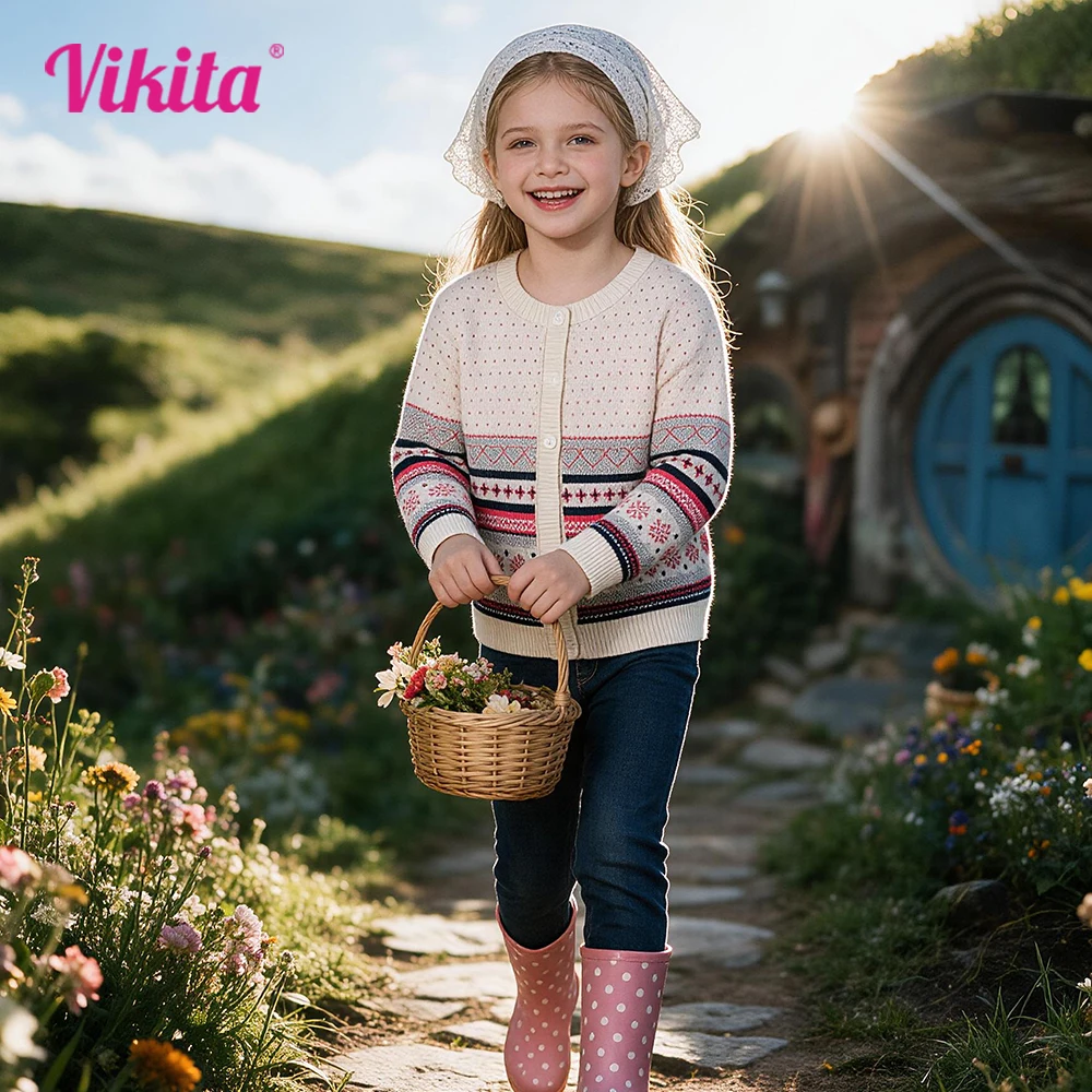 VIKITA Teenager Strickjacken Mädchen Schneeflocken Herzform Gestreift Lässige Mode Niedliche Pullover Kinder Mantel Oberbekleidung Tops Kostüme