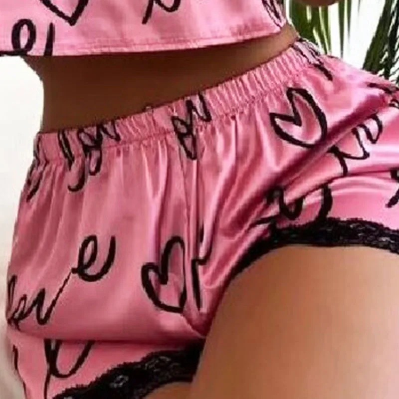 European American Pajama Sets women's cute printed pajamas spring summer home fashionable lace patchwork suspender set Lounge