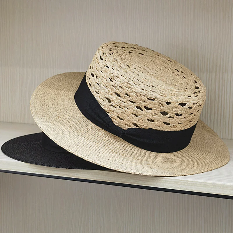 TOMKHU-Chapeau de paille à bords larges pour femme, haut plat, Lafite, nouveau, printemps, été, accessoires de ruban, chapeau de soleil creux,