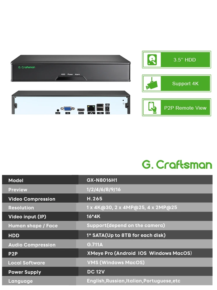 C-X,16CH Normal NVR Recorder,Supports 4K Security System H.265,24/7 Recording,Playback,HDMI,GX-N8016H1