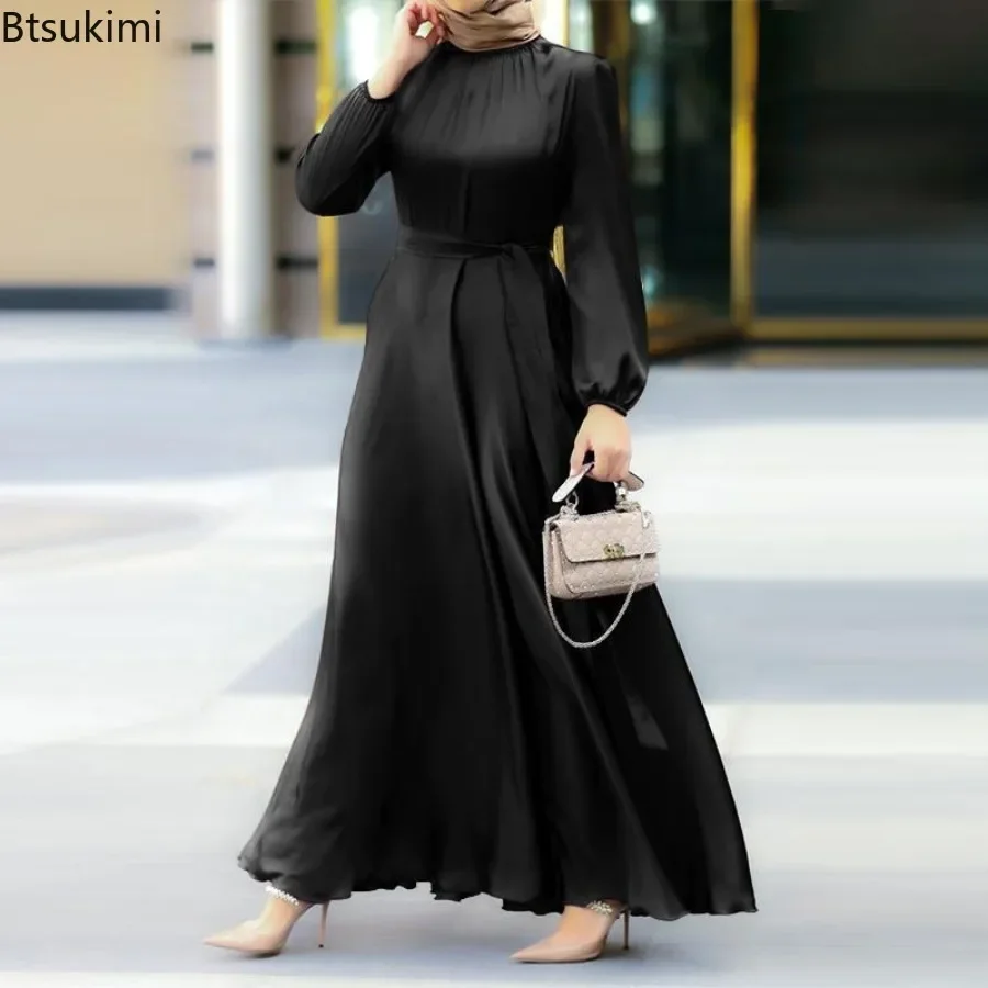 Elegant Maxi Dress for Women Solid Lantern Sleeve Party Evening Dress Fashion Lace-up Long Skirts Muslim Abayas Dubai Robe Femme