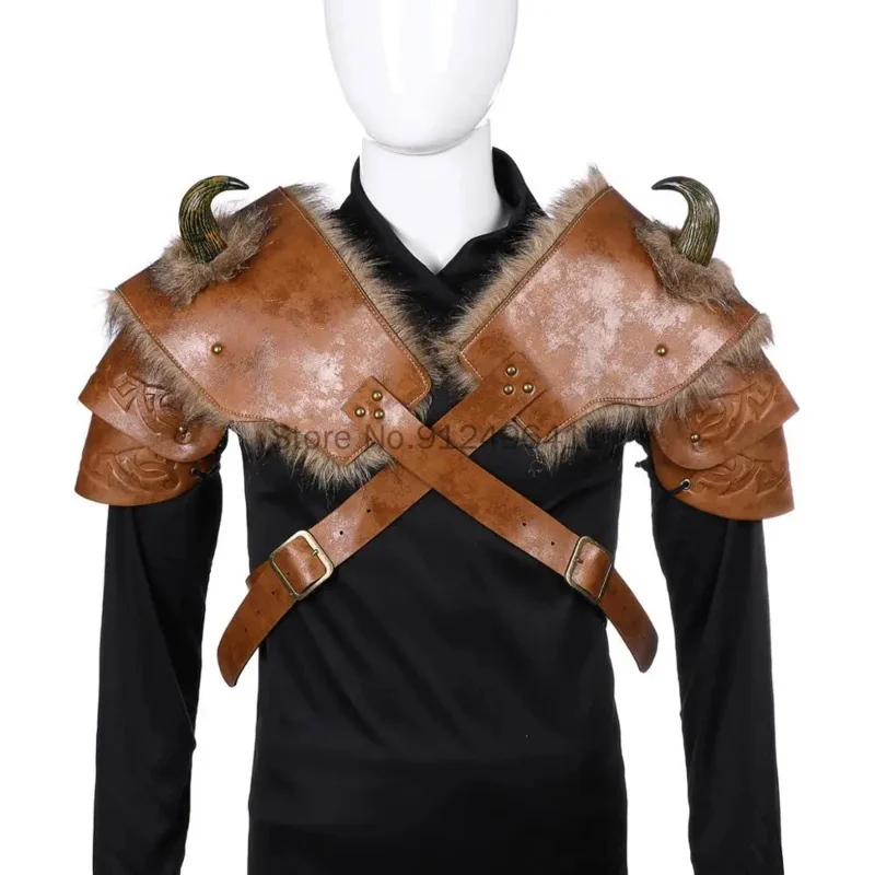 Halloween Props Medieval Warrior Women Armour Costume Cosplay LARP Adult PU Leather Brown Fur Viking Shoulder Armor with Horn US