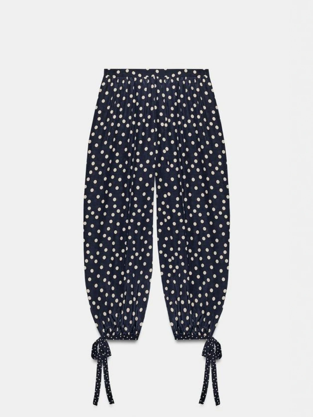 Women's Casual Polka Dot Tie Decorated Cuffed Lantern Pants Adjustable Waist Black White New Arrival Comfortable Loose Fit