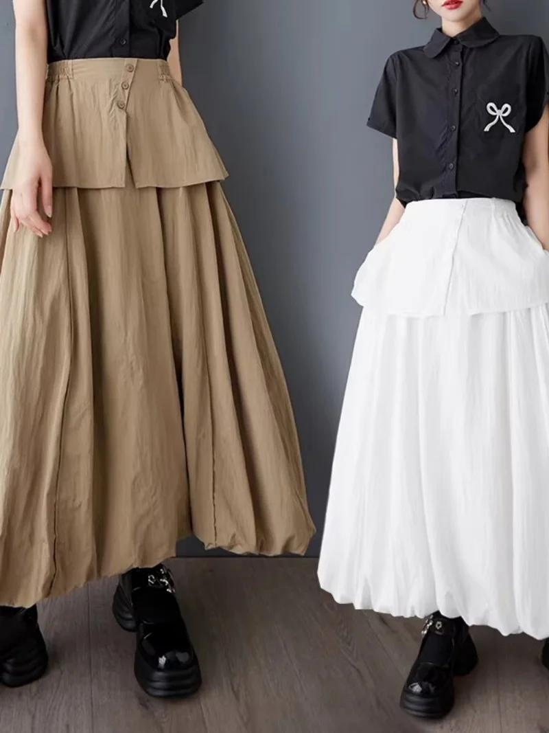 Japanese Streetwear Solid Color Long Skirt for Women, Y2K Fake Two Piece Big Flower Hem Skirt, Summer Korean Fashion j107