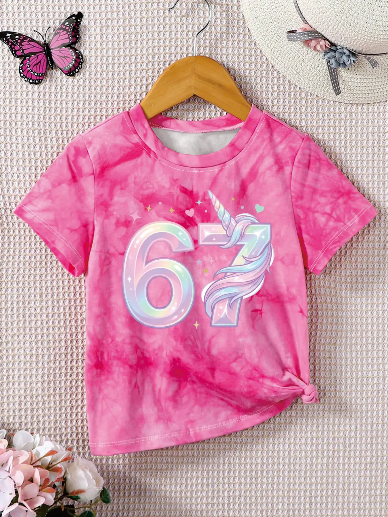 Comfy Kids Girls Pink Tie-Dye Birthday Tee, Soft Breathable 6th/7th Birthday Unicorn Print T-Shirt for Party & Daily Wear