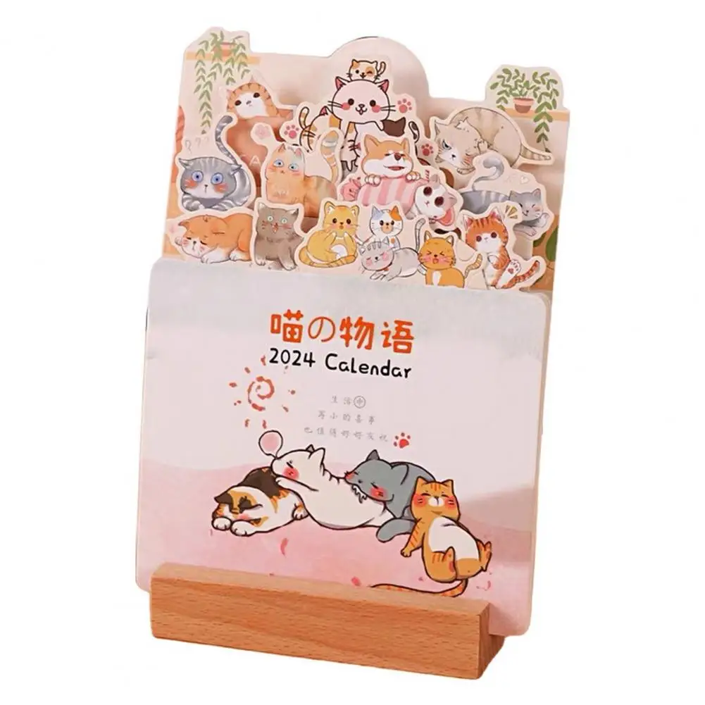 2024 Desk Calendar with Wooden Base Cartoon Theme Card Type 12 Months Jan to Dec 2024 Home Office School Monthly