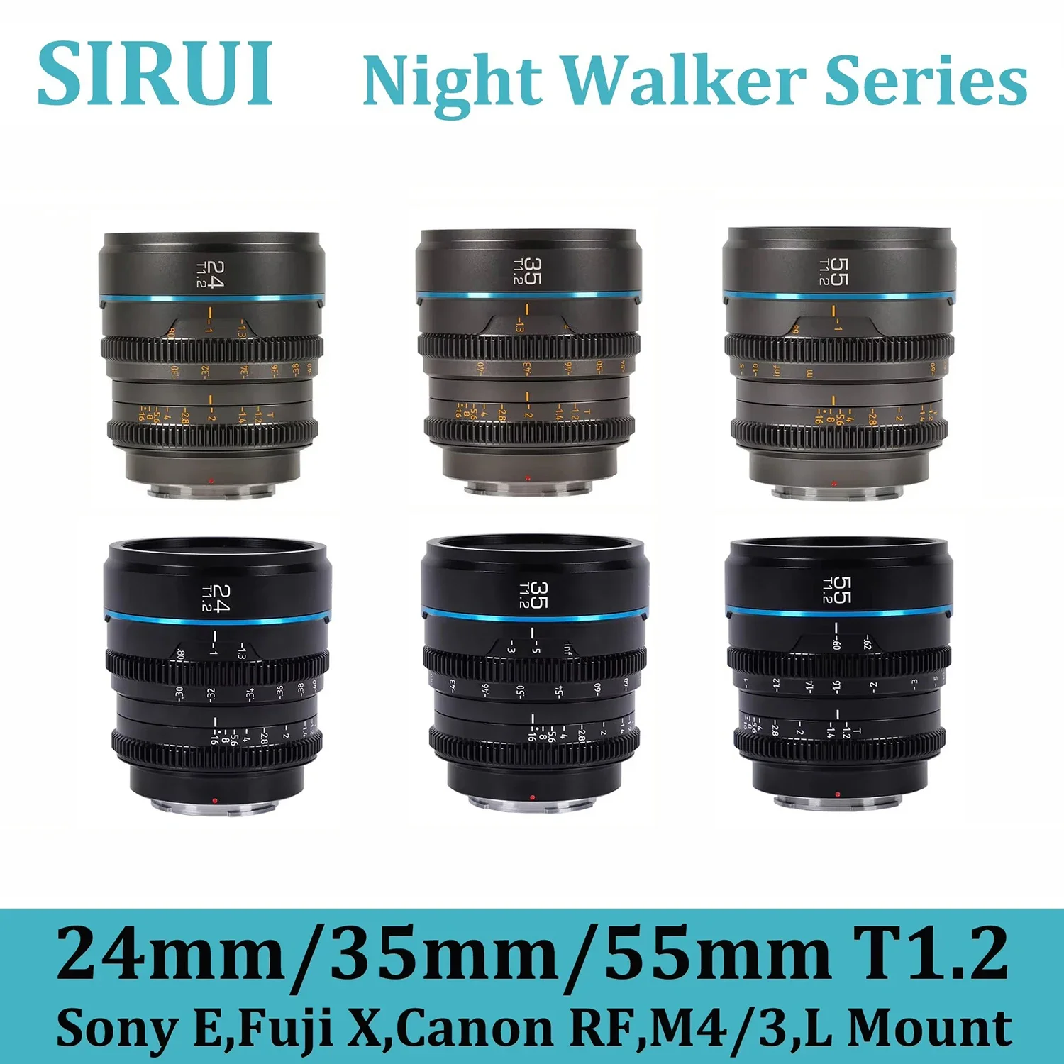 SIRUI Night Walker 24mm 35mm 55mm T1.2 S35 Cine Lens For Sony E Fuji X Canon RF Red komodo RF Lumix MFT M4/3 Mount Cameras