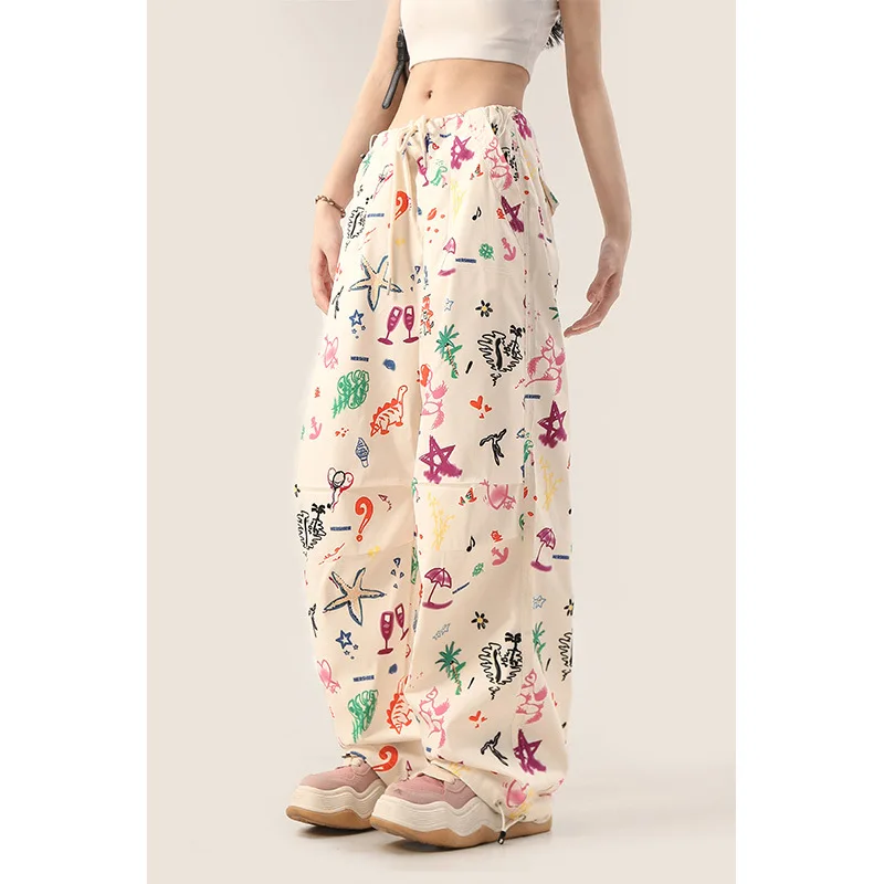 White Printed Work Pants For Women, Winter Thick Design, Niche Girls, Dopamine Loose Casual Wide Leg Pants