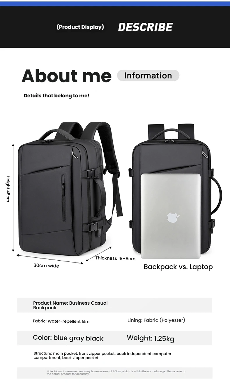 حقيبة السفر للرجال حقيبة ظهر للأعمال المدرسية حقيبة USB قابلة للتوسيع سعة كبيرة للكمبيوتر المحمول حقيبة ظهر عصرية مقاومة للماء #3