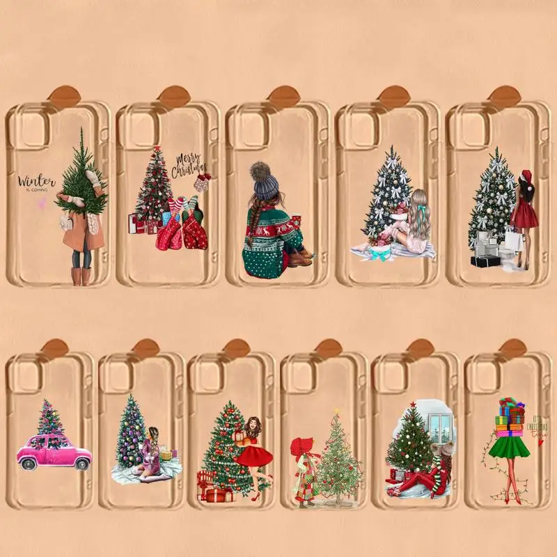 Christmas Cartoon New Year Girl Gift Tree Phone Case For iPhone 13 14 Pro Max XS XR 12 11 Pro 13 Mini 6 7 8 Plus Clear Cover