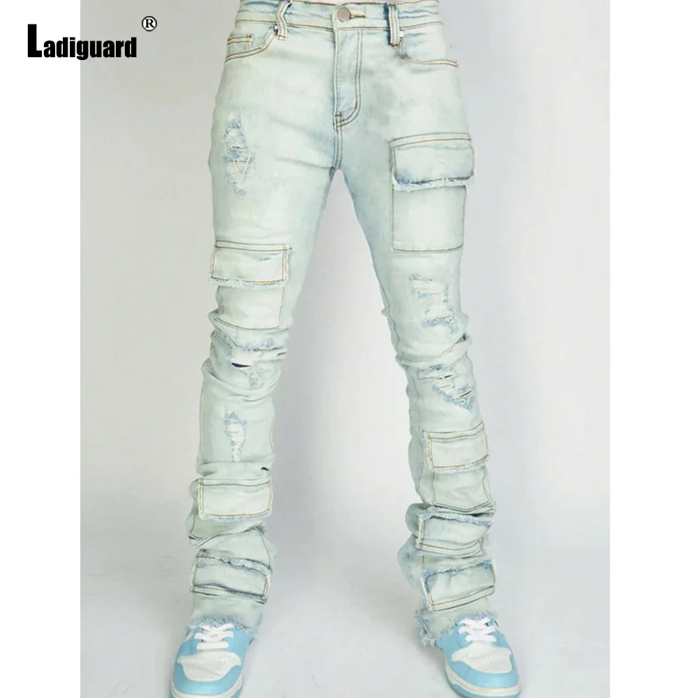 2024 European and American style Fashion Basic Jeans Denim Pants Men Stand Pocket Casual Flare Pantalon Sexy Ripped Trousers New