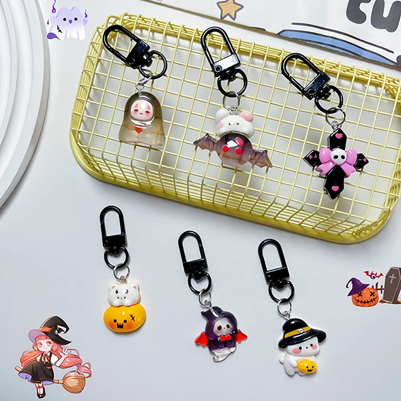 New Cute Halloween Resin Keychain For Women Keyring Bag Charm Pendant Car Airpods Box Key Accessories Children's Gifts