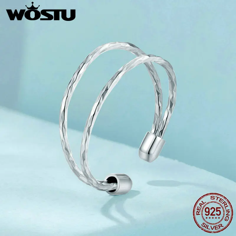 WOSTU 925 Sterling Silver Simple Multi-Layer Opening Ring Bangle Bracelet For Women Adjustable Rings Bracelet Jewelry party Set