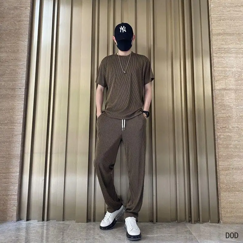 Elastic Silky Drape Summer Thin Loose Casual Men's Suit 2 Pieces Set Gym Straight Pleated Sports Outfit Pants  Ins Tide Brand