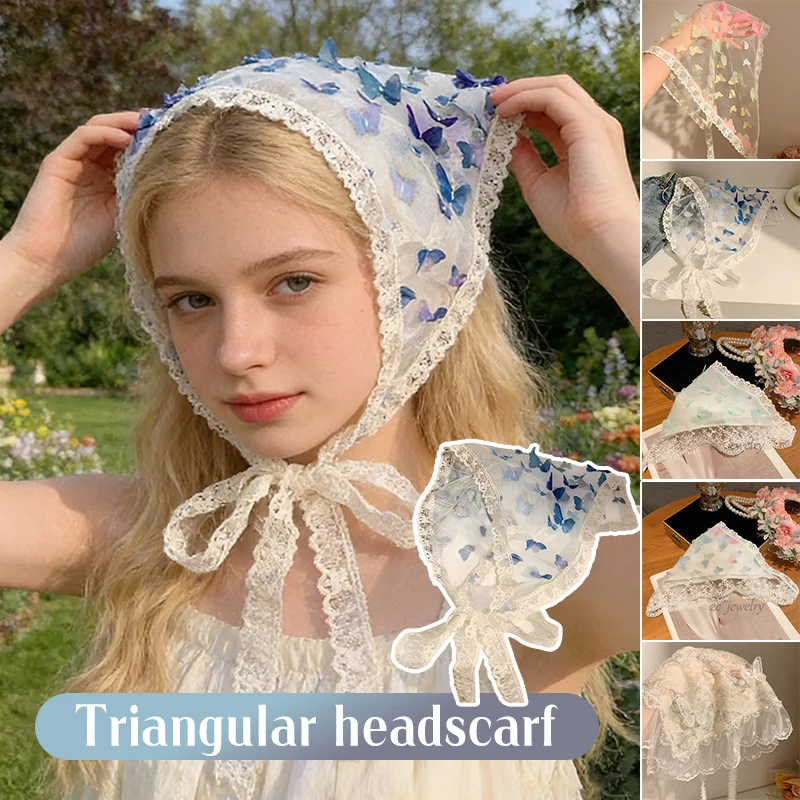 

Butterfly Lace Triangle Head Scarf White Sweet Lace Turban Headscarf Travel Photo Headband Hair Accessorie French Pastoral Style