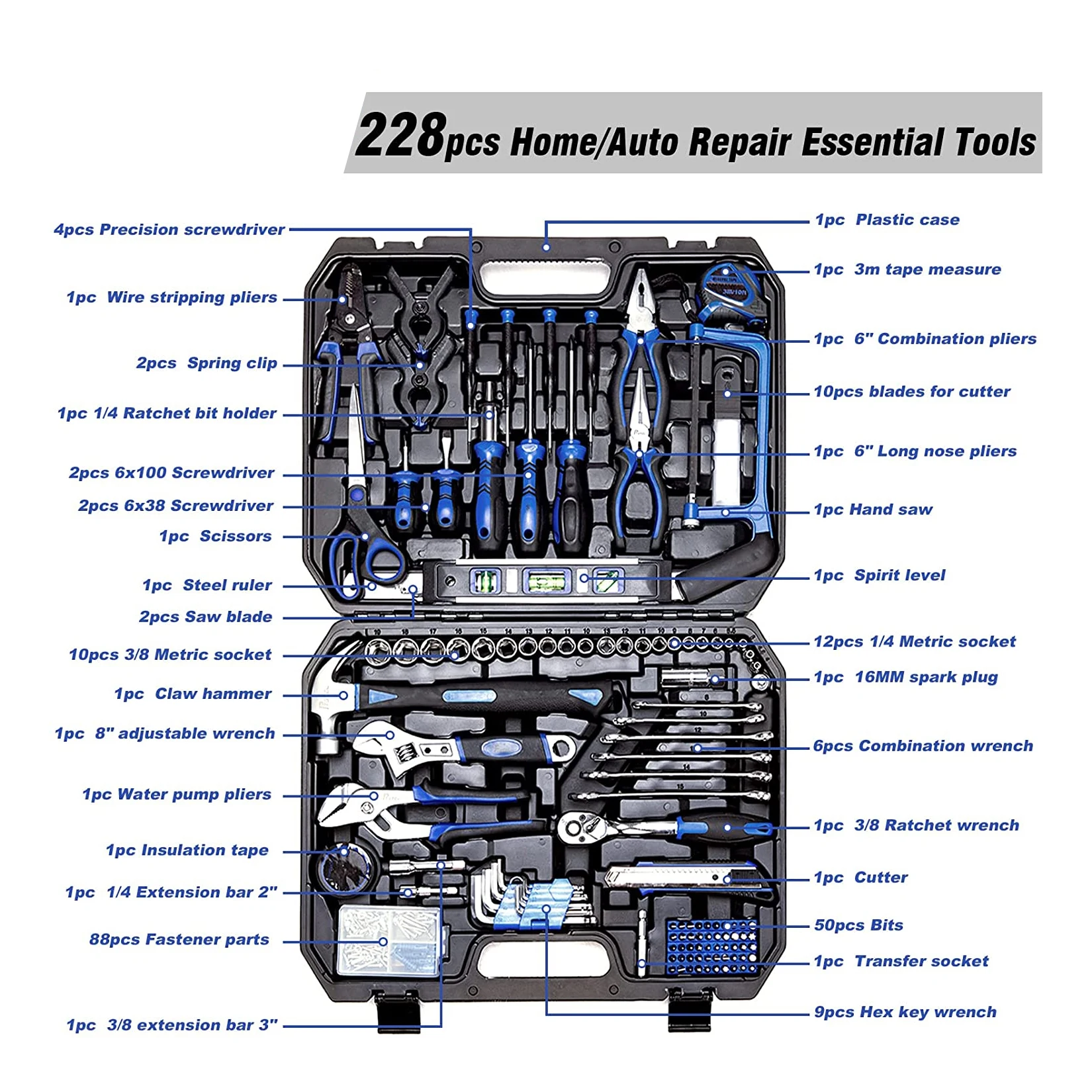 Popular 228PCS household hand Tool Kit box set hardware tools socket professional home repairing use tool sets