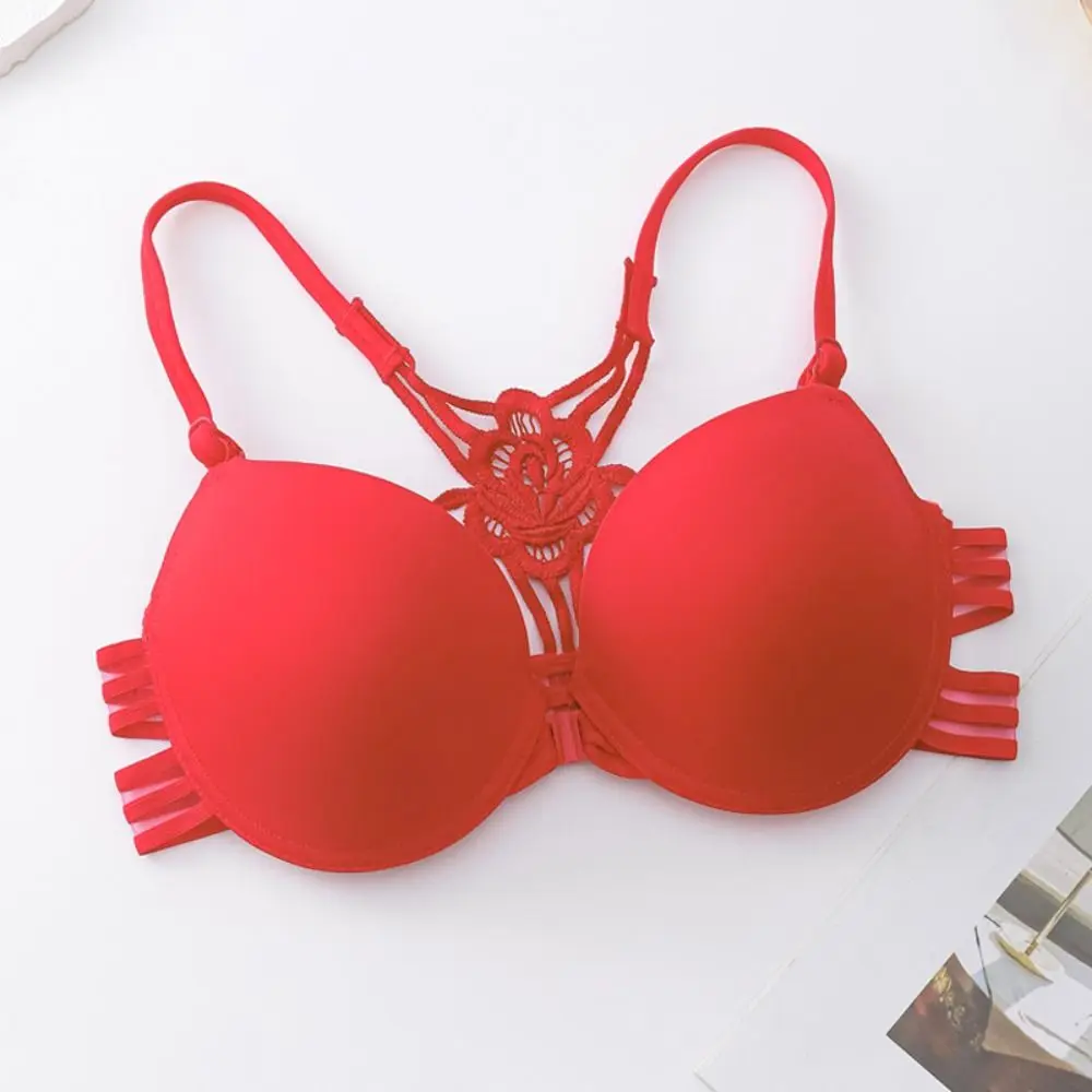 Doce botão frontal sutiã de renda feminino linda volta flor sem costura sutiã íntimo roupa interior sem fio profundo v sutiã verão