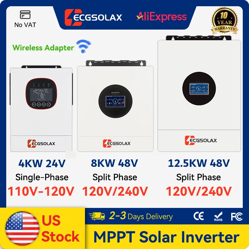 ECGSOLAX 12.5KW SP 8KW SP 4KW Hybrid Solar Inverter 24V 48V 120V 240V Split Phase Pure Sine Wave Inverter with 200A MPPT Solar Charge Controller PV 500V for Home Off Grid Backup Power System