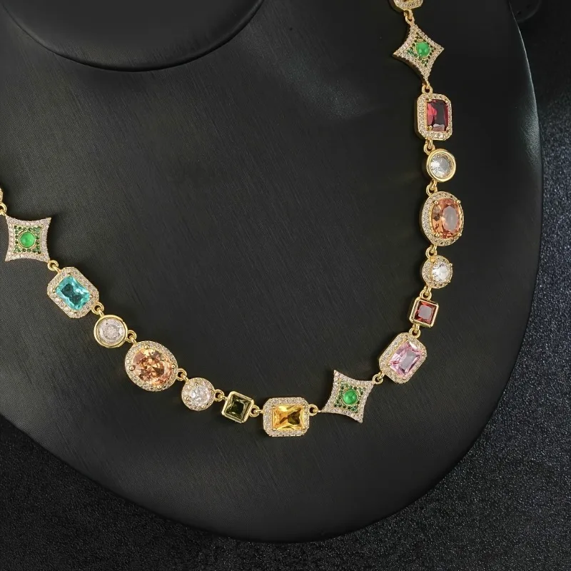 Nuevo collar de cadena geométrica de circonia con incrustaciones coloridas personalizado, accesorios de joyería para fiesta y vacaciones a la moda para mujer