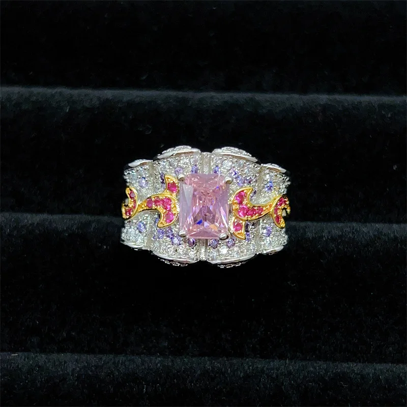 

New Silver 925 romantic square pink diamond rings for women exquisite and luxurious colorful full diamonds ring wedding jewelry