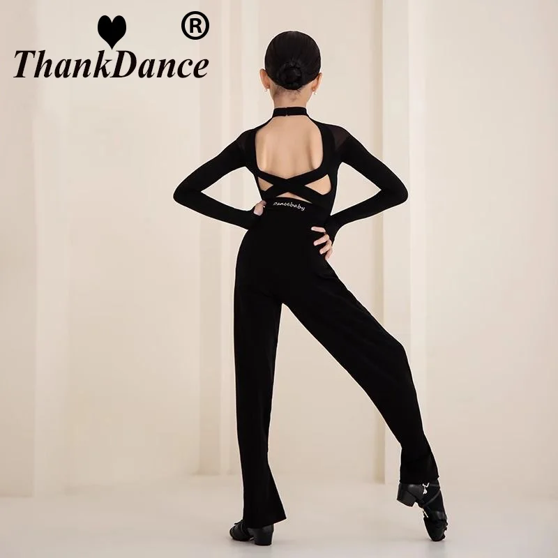 子供ラテンダンススーツ服女の子ラテン練習着黒トップスパンツ長袖社交ダンストレーニング衣装セット