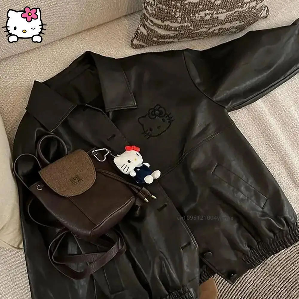 Anime Y2K Hello Kitty Pu Leather Jacket Women Sanrio Kawaii Spring Black Retro Embroidery Coat Student Loose Fashion Leisure Top