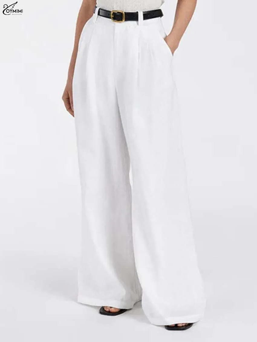 

Oymimi Elegant White Cotton Women's Pants Fashion High Waisted Pockets Trousers Office Lady Autumn Straight Full Length Pants