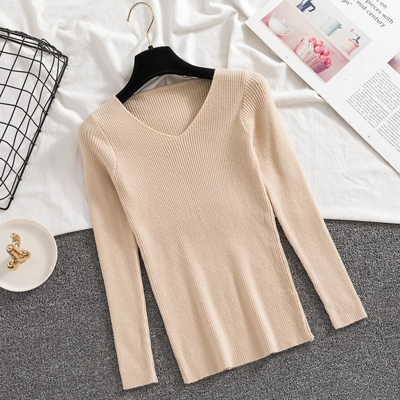 Autumn Thin Sweater Women Fashion Slim Solid Basic Pullover Korean Casual Simple V-Neck Long Sleeve Knitted Female Tops