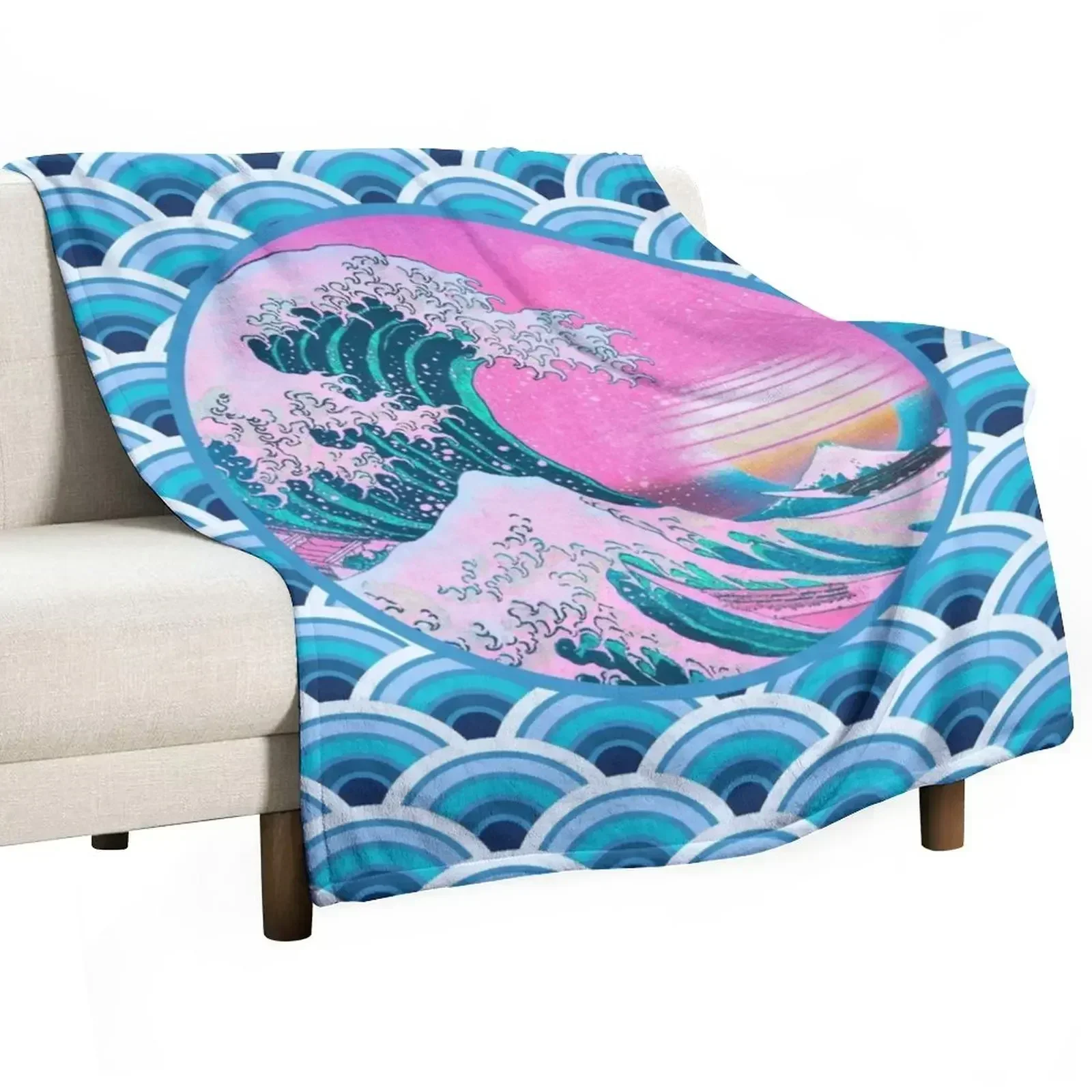 Vaporwave Aesthetic Great Wave Seigaiha Ocean Sunset Throw Blanket Thins Heavy Beautifuls Blankets