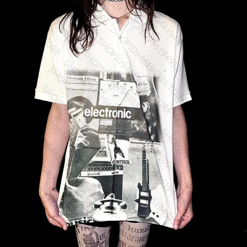 Polos mujeres Polo 2000s Vinage imprimé graphique esthétique Harajuku col rond Polo femme Streetwear mode Y2k vêtements