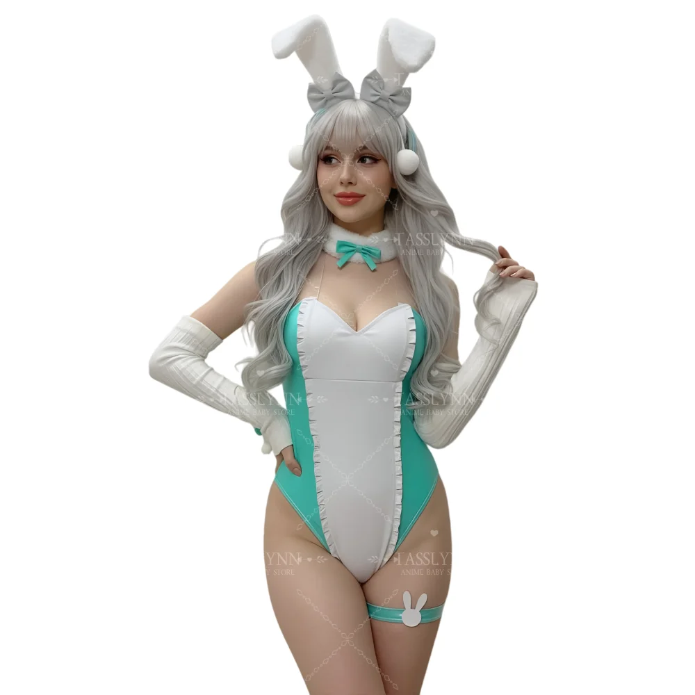 Disfraz de Cosplay de Conejita Sexy Brown Dust 2 Tyr, Body Blanco y Verde con Orejas de Conejo y Anillo para Pierna, para Fiesta de Anime, Talla Personalizable