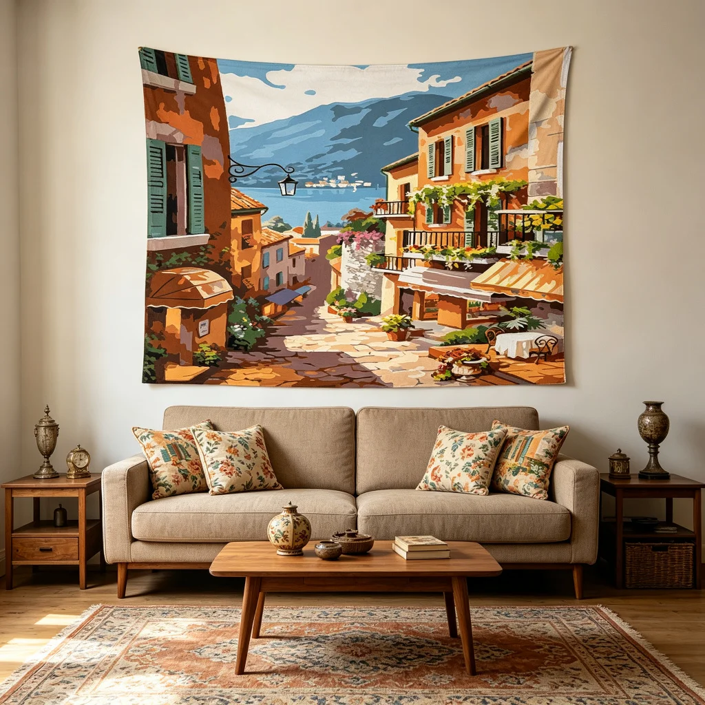 1PC Italian Town Street Art Print Backdrop Banner, Bedroom Living Room Photo Background, Polyester, Home Decor, Wall Art