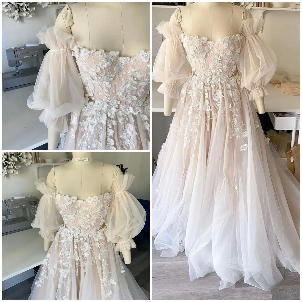 Robes de mariée en dentelle brodée sur mesure, manches longues, chérie rose, fleurs de tulle, nickel é de patients, tout ce qui est sur mesure