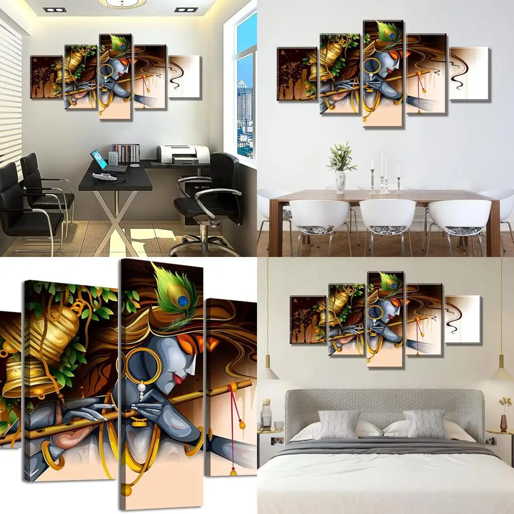 

Indian Krishna Canvas Art - Modern Home Decor Wall Hanging, 60x32 Wooden Frame