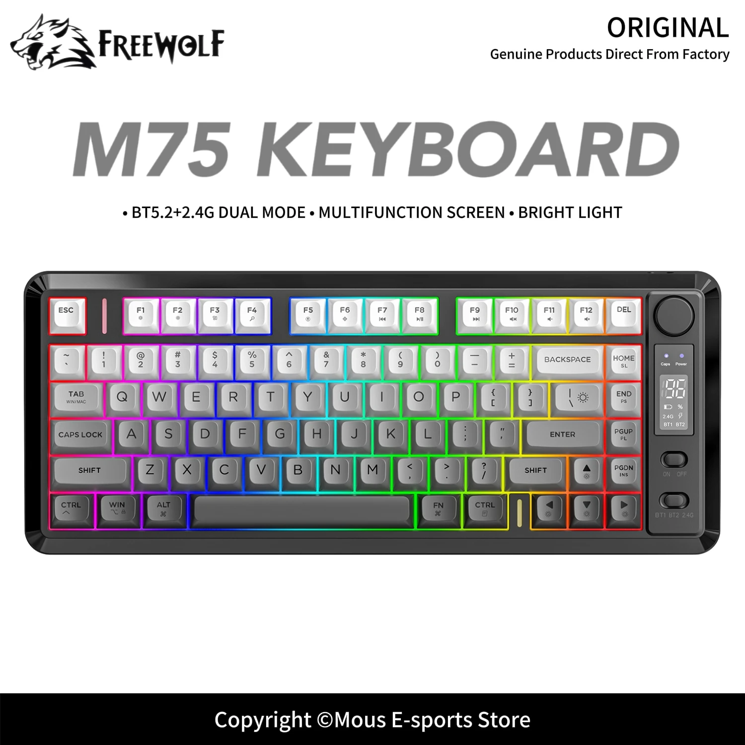 M75 FREEWOLF Wireless Bluetooth Keyboard 2.4G Dual Mode Multi-Device Connection PBT Keycaps Long Endurance Type-C Charging