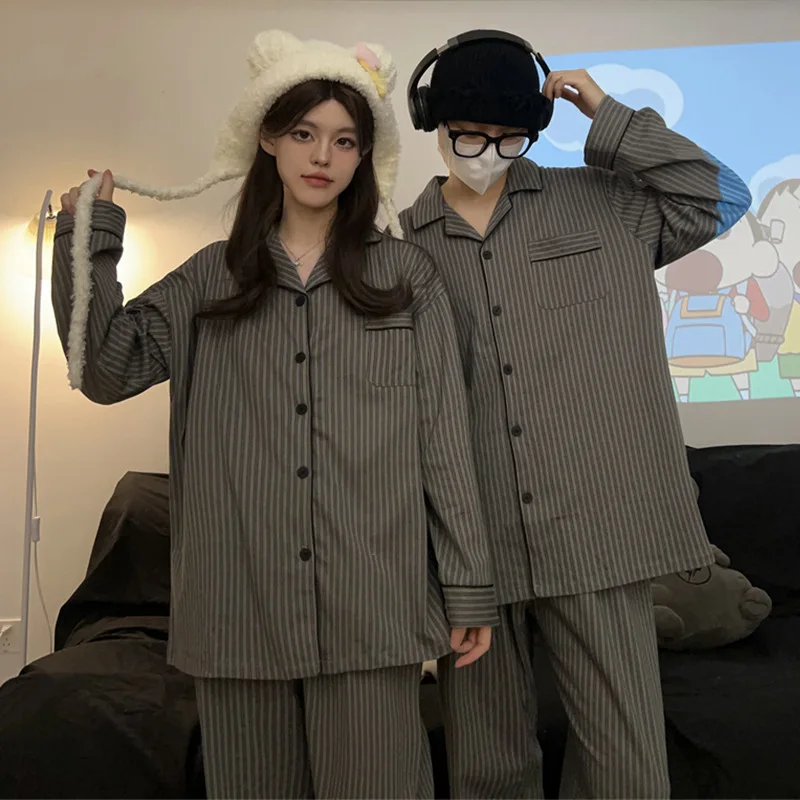 

New Couple Pajamas Women Spring Autumn Pure Cotton Long Sleeve Pajamas Men's Striped Two-Piece Pajamas Homewear Set Nightgown