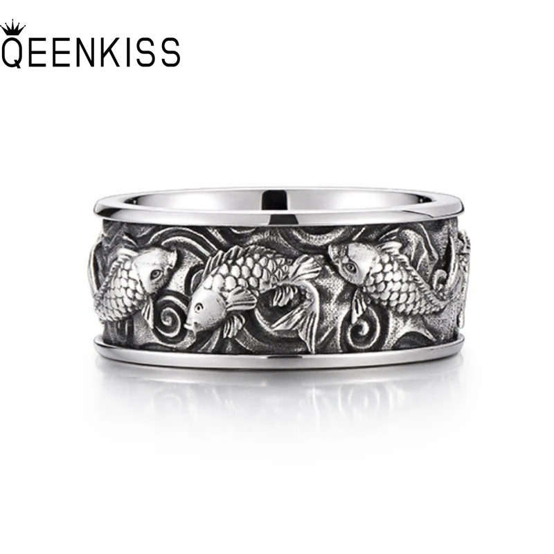 QEENKISS 925 Sterling Silver Vintage Carp Fish Rings for Men Birthday Wedding Party Christmas Mother Father Boy Gifts RG7083