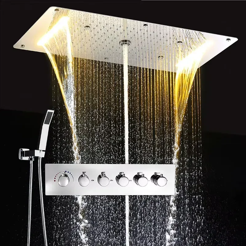 Contemporary Style LED Thermostatic Multifunction Rain Mist Waterfall Water Column Shower Set