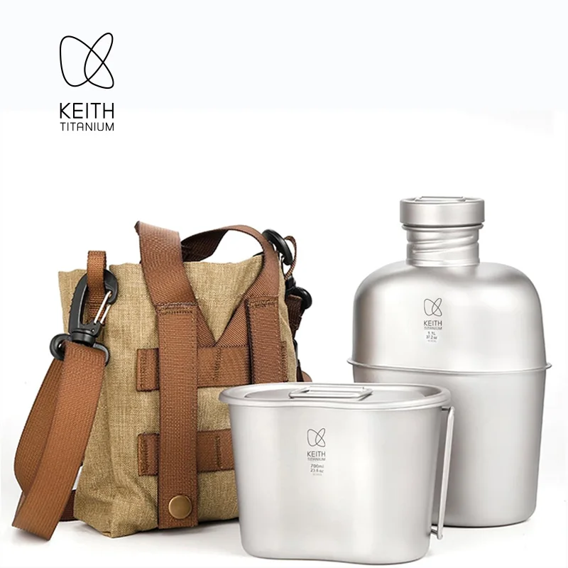 Keith Titanium Canteen Set 1100ml+700ml Military Water Bottle Mess Kit Ultralight Outdoor Camping Hiking Survival Flask