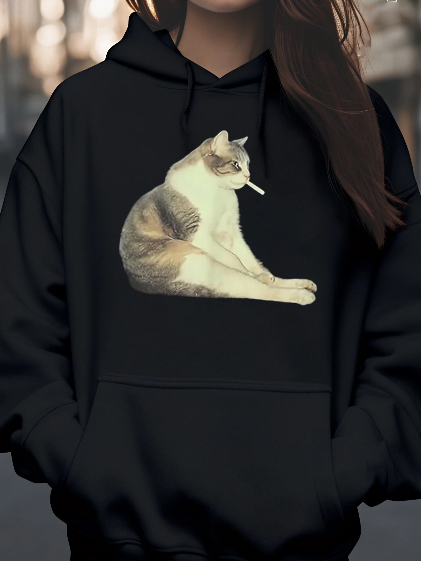 

Cat Smoking Cigarette Print Hoodie Fall Winter Casual Wear Unisex