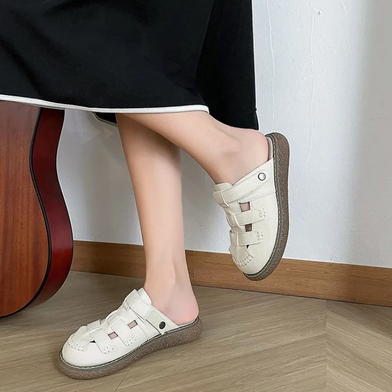 Leisure Women's Sandals Minimalist Woven Bun Toe Thick Sole Slippers 2024 New Summer White Versatile Roman Shoes image 2