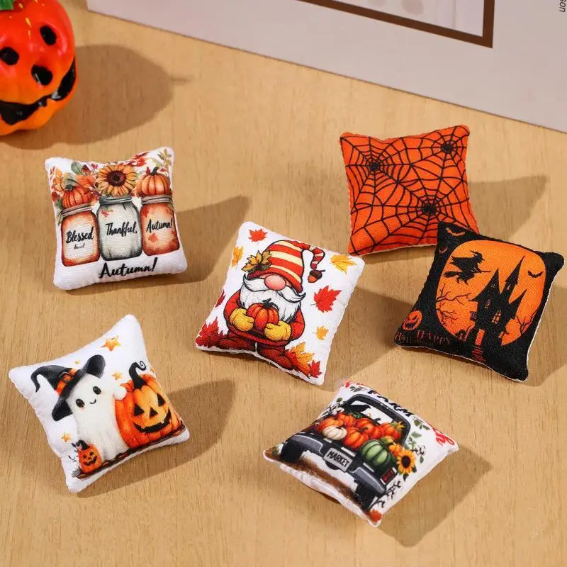 Miniature Dollhouse Pumpkin Pillow 1Pcs Spooky Ghost Pattern Tiny Halloween Decor for Diorama Scene Craft Gifts