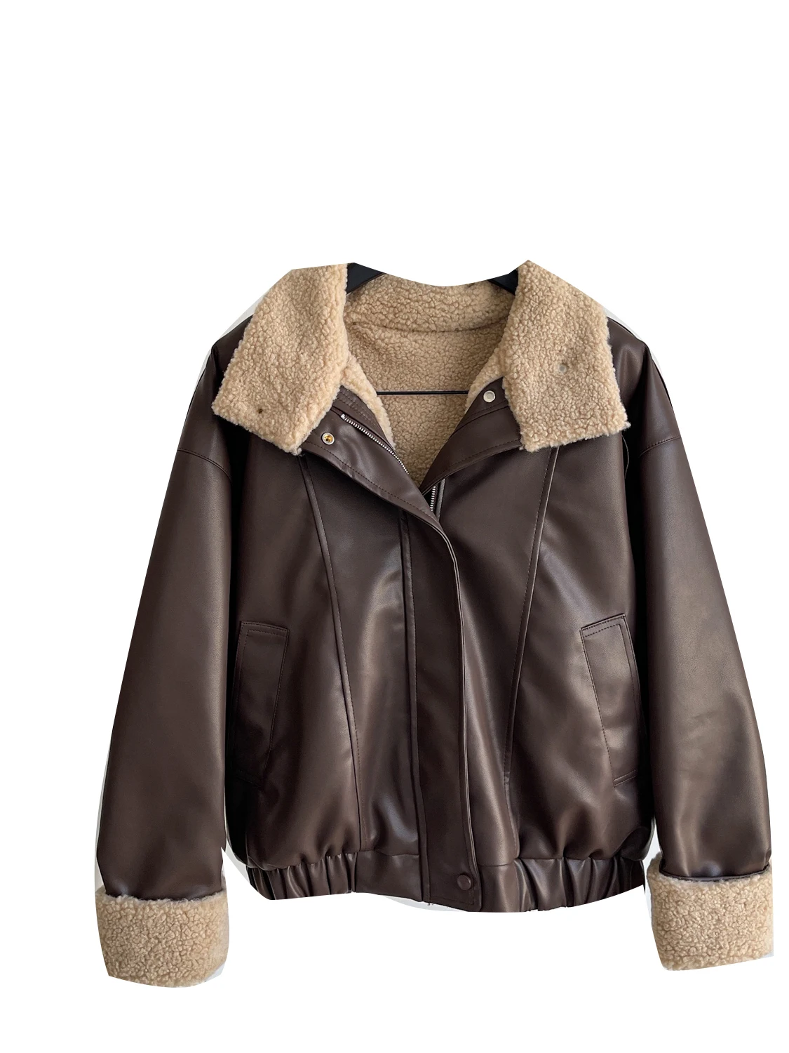 Casual PU Leather Fur Lined Women's Jaet Loose Fit Versatile Outerwear Long Sve Button up Classic Color  Daily Wear