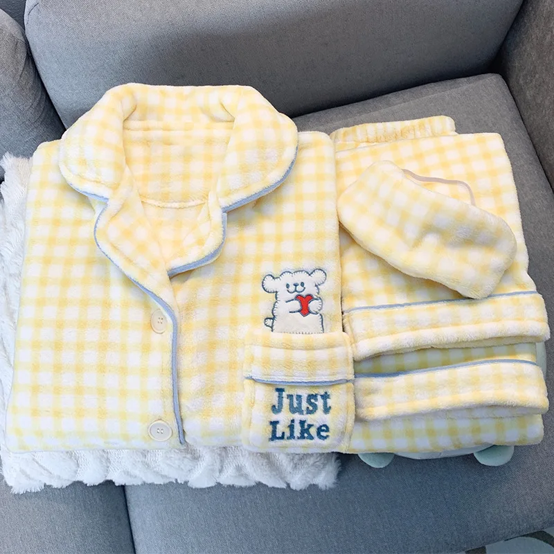 

Cute Dog Coral Velvet Sleepwear Women's Autumn Winter Comfortable Flannel Thick Home Clothes Nightgown Yellow Grid Pajamas Set
