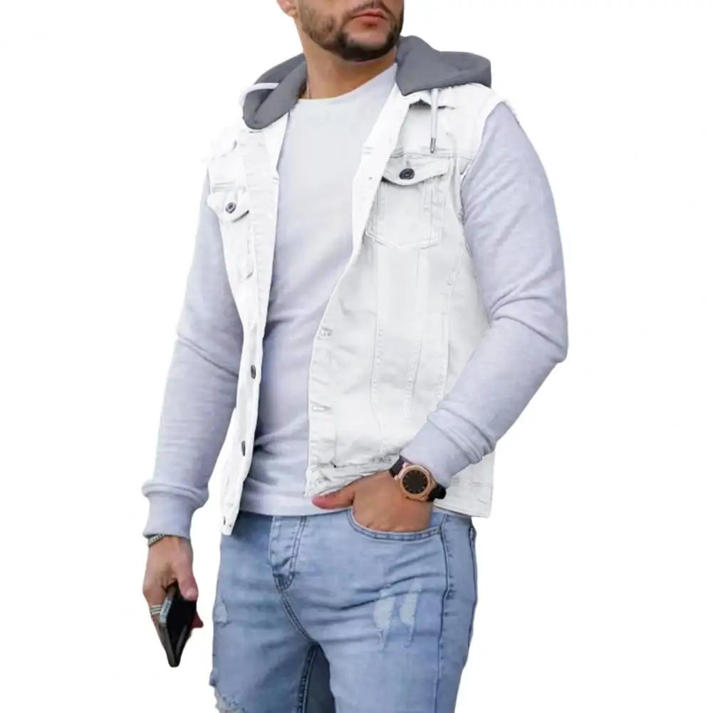 Men Hooded Vest Denim Patchwork Streetwear Autumn Winter Single Breasted Drawstring Waistcoat for Daily Wear