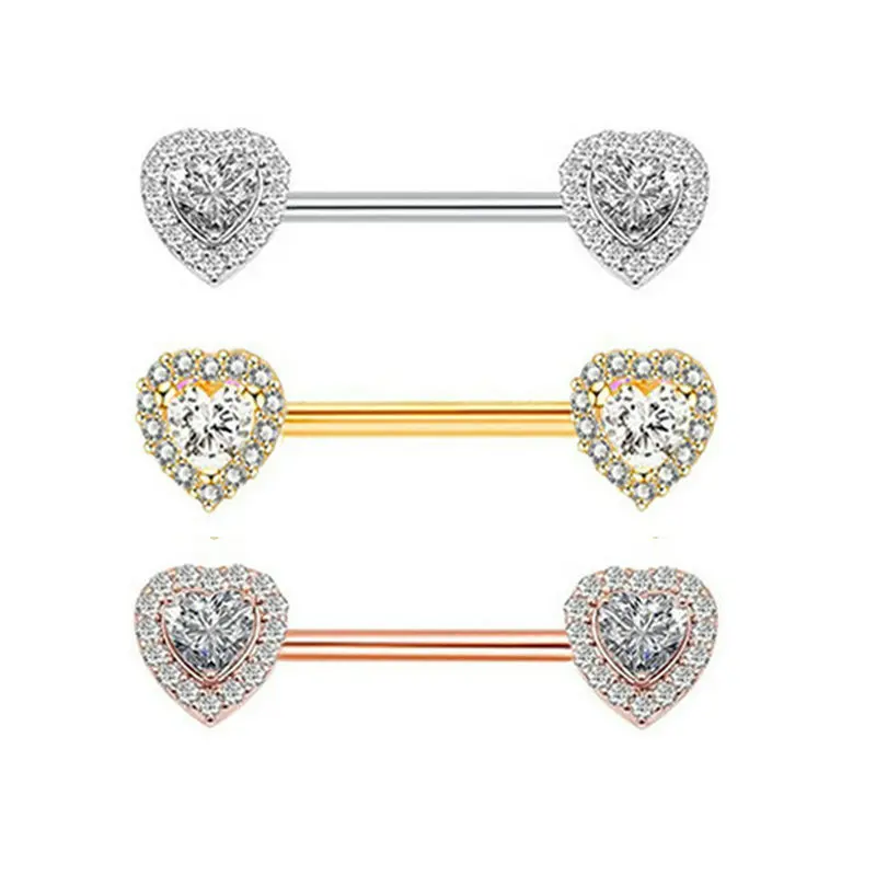 

12pcs/Lot Clear CZ Double Heart Nipple Shield Ring Bar Sexy Stainless Steel Piercing Jewelry for Woman Gift