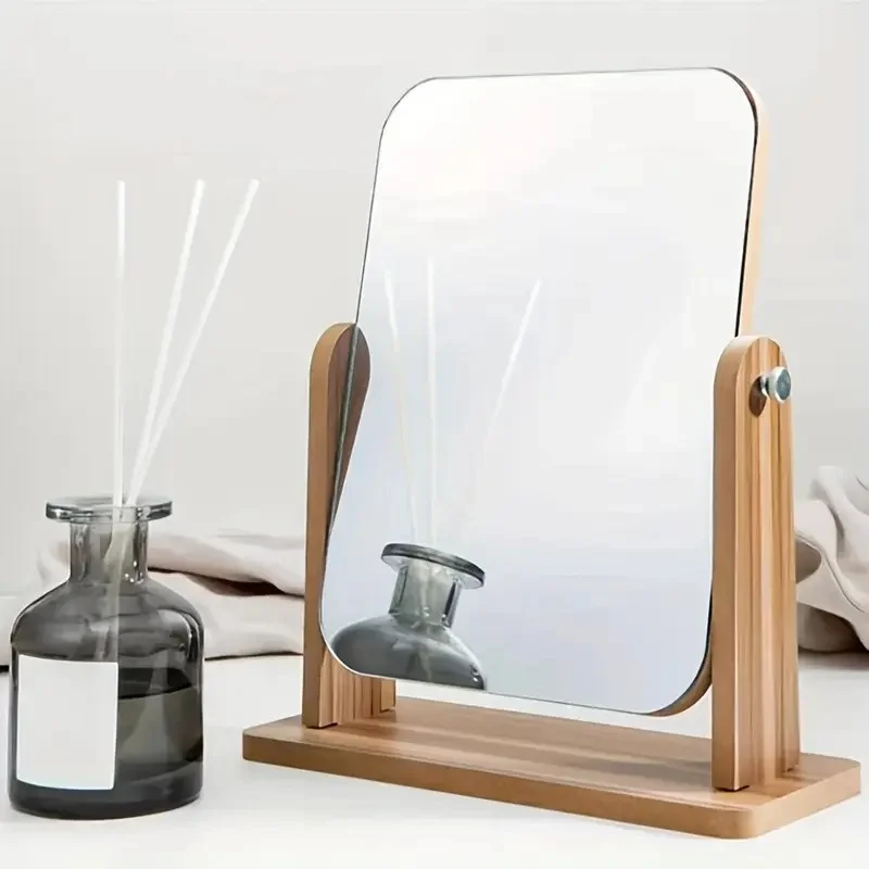 

360° Rotating Touch LED Vanity Mirror with Dimmable Lights, Wooden Base, Portable for Bathroom, Bedroom, Travel, Skincare & Mak